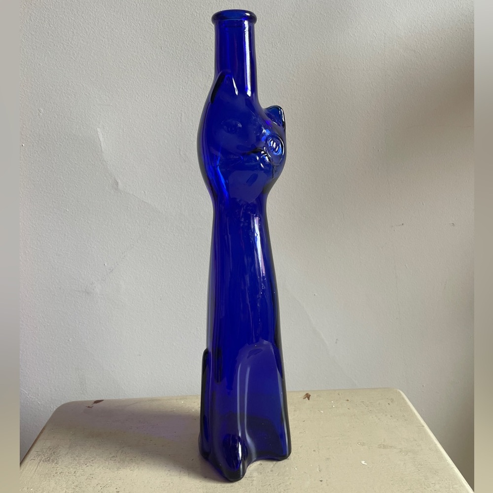Vtg Cobalt Blue Glass Kitty Bottle